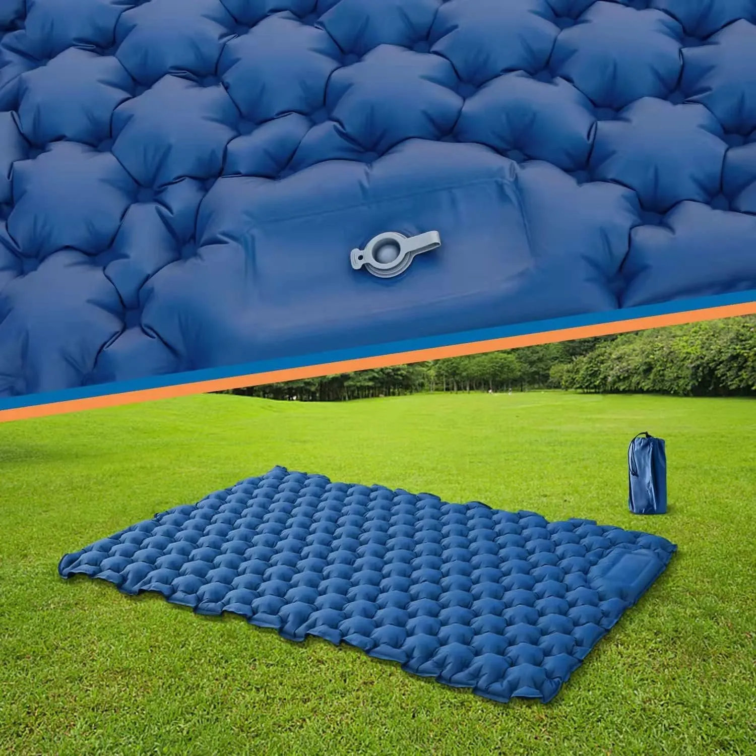 Camping Double Sleeping Mat, Inflatable Double Mat with Pedal Pump and Pillow, Ultra Light Sleep Air Mat for 2 People Portable Sleeping Bed for Camping Hiking Backpacks Hiking Tent (Blue)