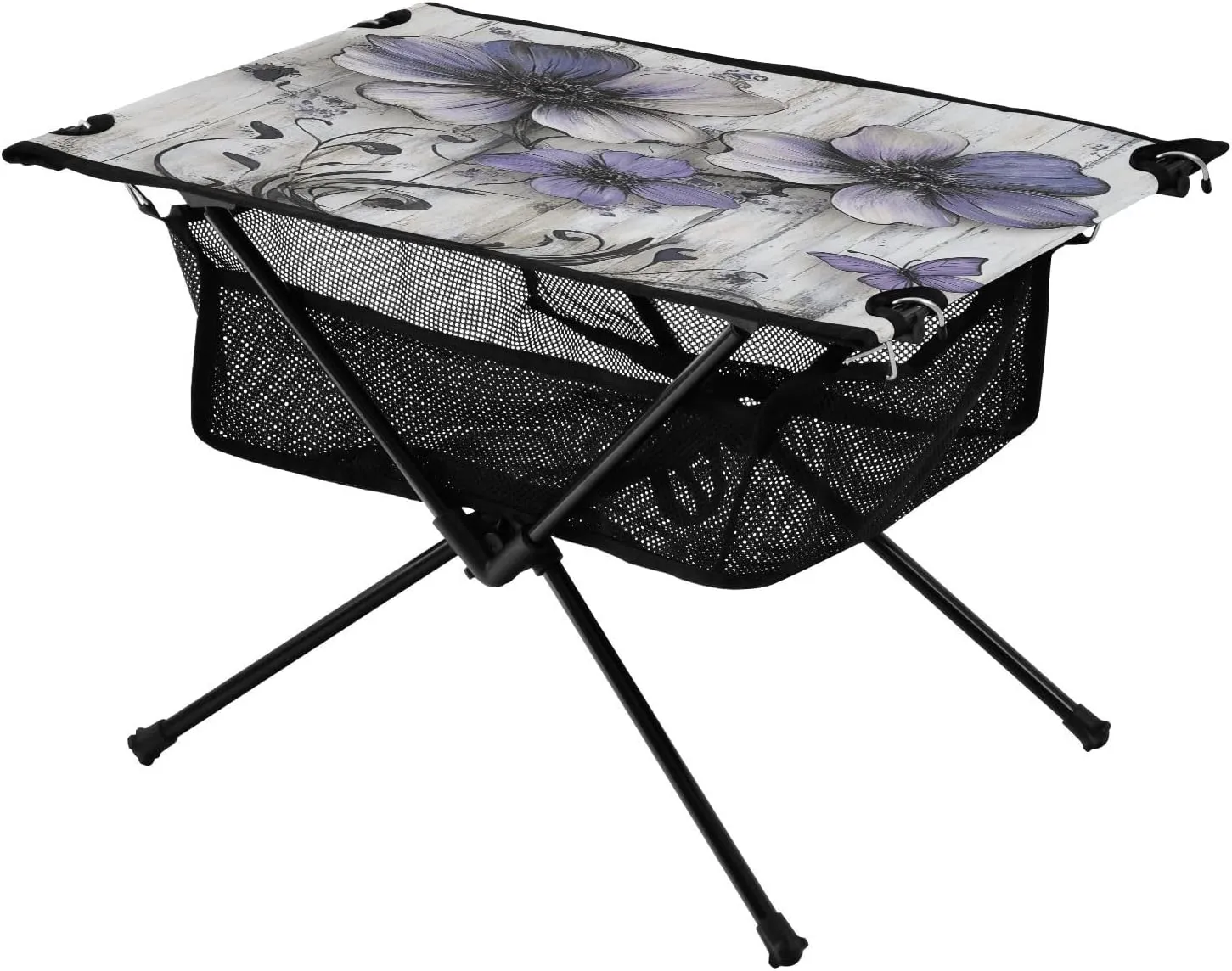 Camping Table Lightweight Portable Folding Table with Mesh Storage Net White Wood Purple Flower Ideal for Camping Hiking Beach Picnic Travel Backyard