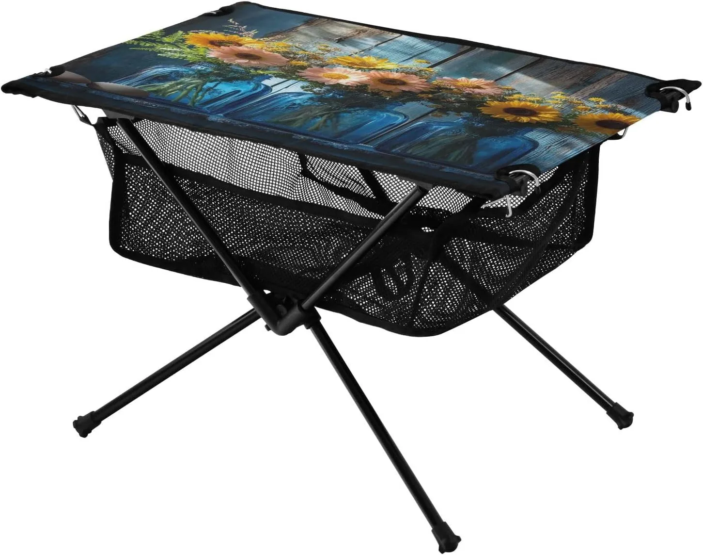 Camping Table Lightweight Portable Folding Table with Mesh Storage Net Wood Grain Flower Bottle Ideal for Camping Hiking Beach Picnic Travel Backyard