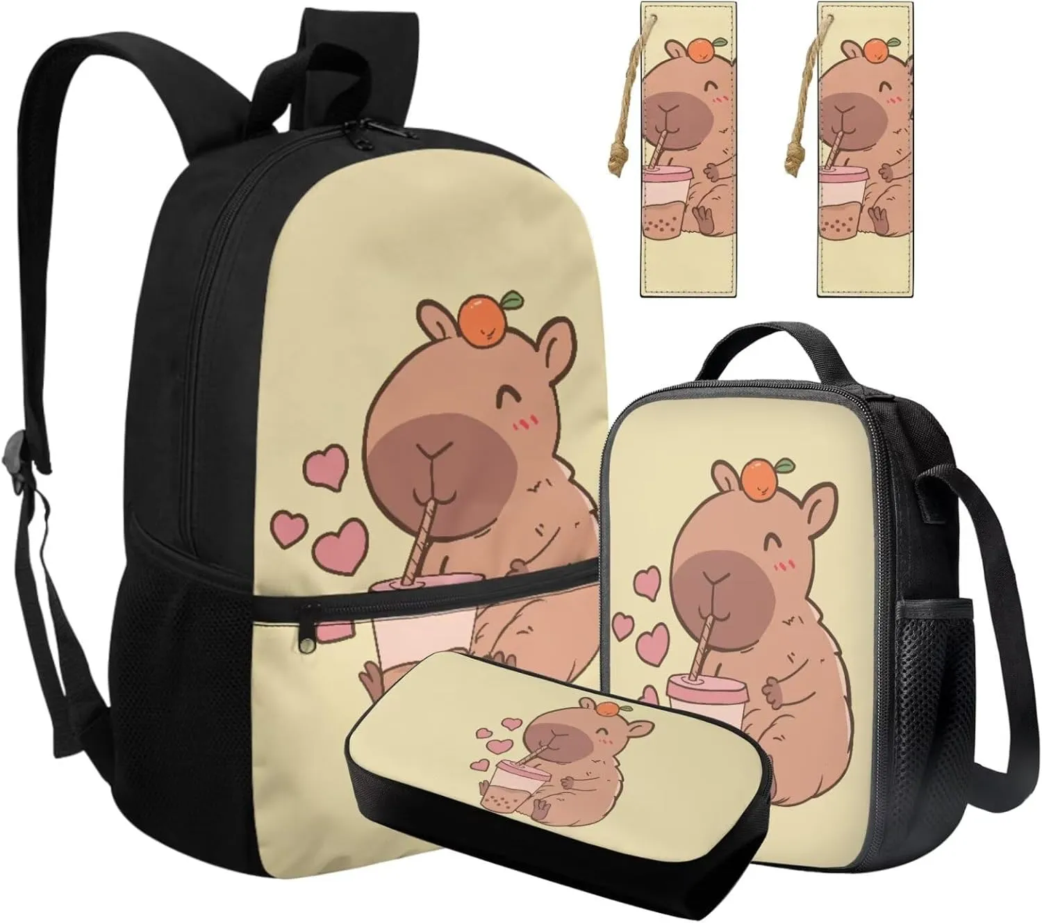 Cartoon Capybara Girls Backpack 6-8 Years Old Lightweight Bookbag with Lunch Box for Kids Adjustable Strap Kids School Bag Set for Kindergarten Preschool Large Capacity Travel Backpacks