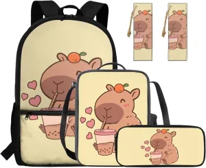Cartoon Capybara Girls Backpack 6-8 Years Old Lightweight Bookbag with Lunch Box for Kids Adjustable Strap Kids School Bag Set for Kindergarten Preschool Large Capacity Travel Backpacks