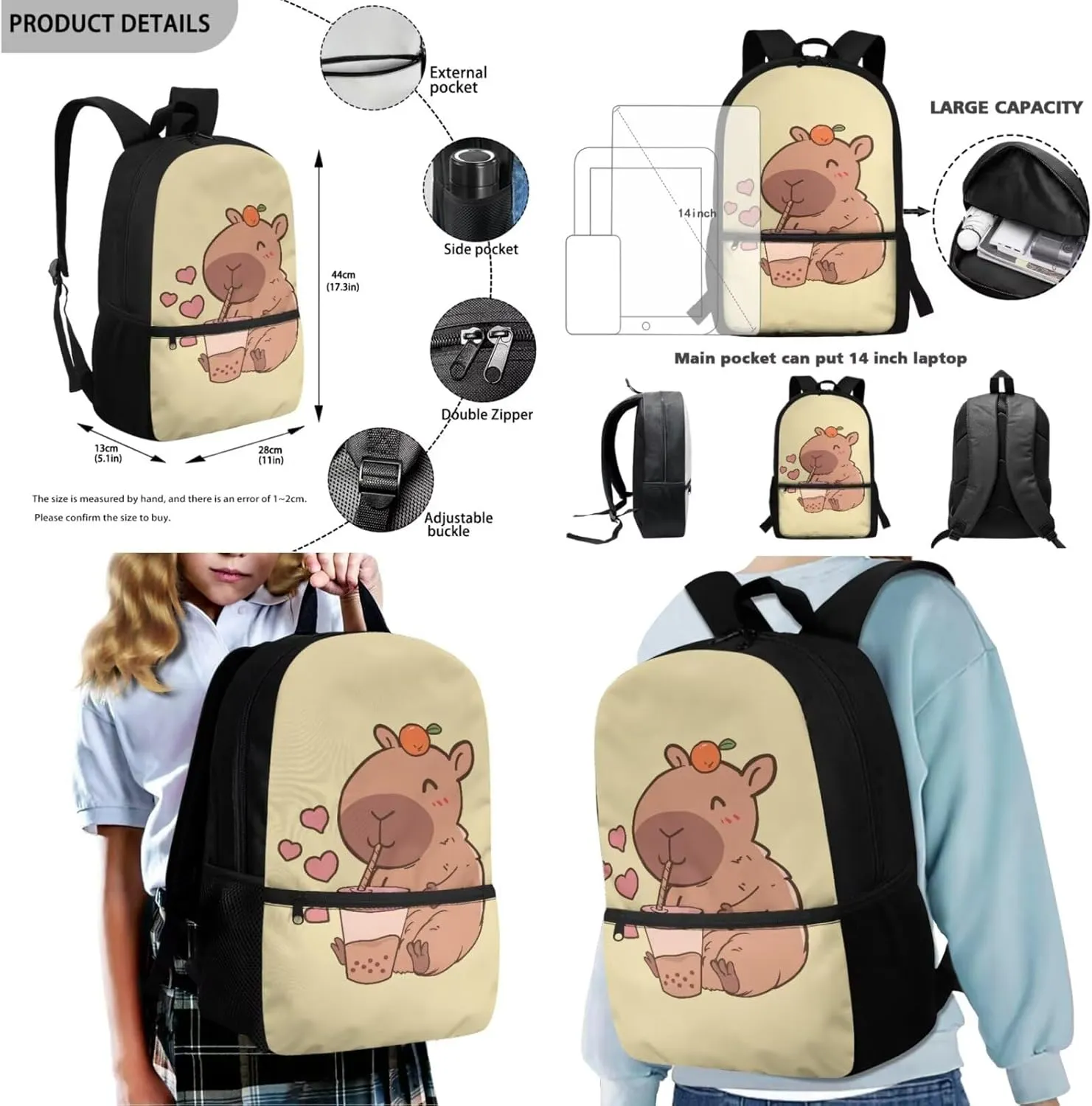 Cartoon Capybara Girls Backpack 6-8 Years Old Lightweight Bookbag with Lunch Box for Kids Adjustable Strap Kids School Bag Set for Kindergarten Preschool Large Capacity Travel Backpacks