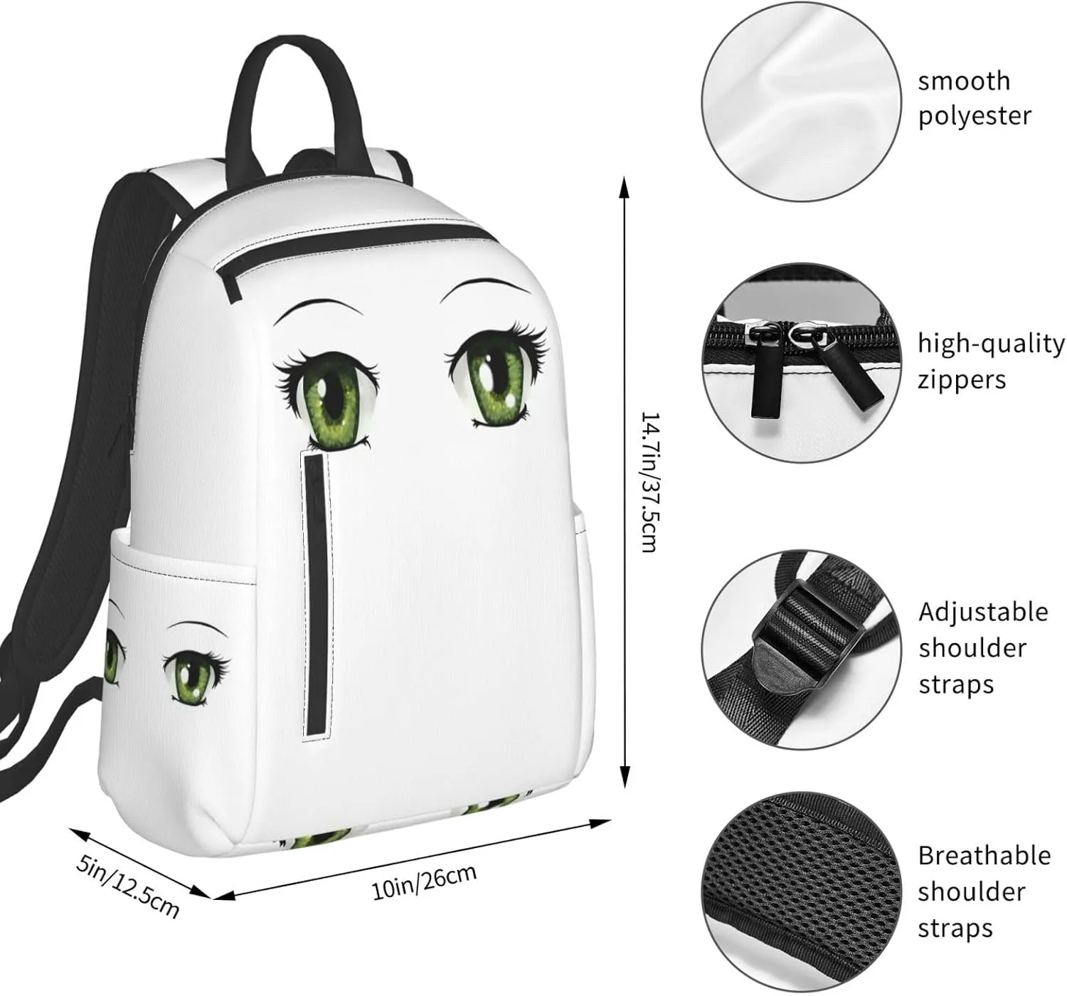 Cartoon Cute Green Eyes Casual Backpacks Large Capacity Laptop Backpack Sports Rucksack Travel Daypack Adjustable Shoulder Strap Work Bag for Outdoor Camping
