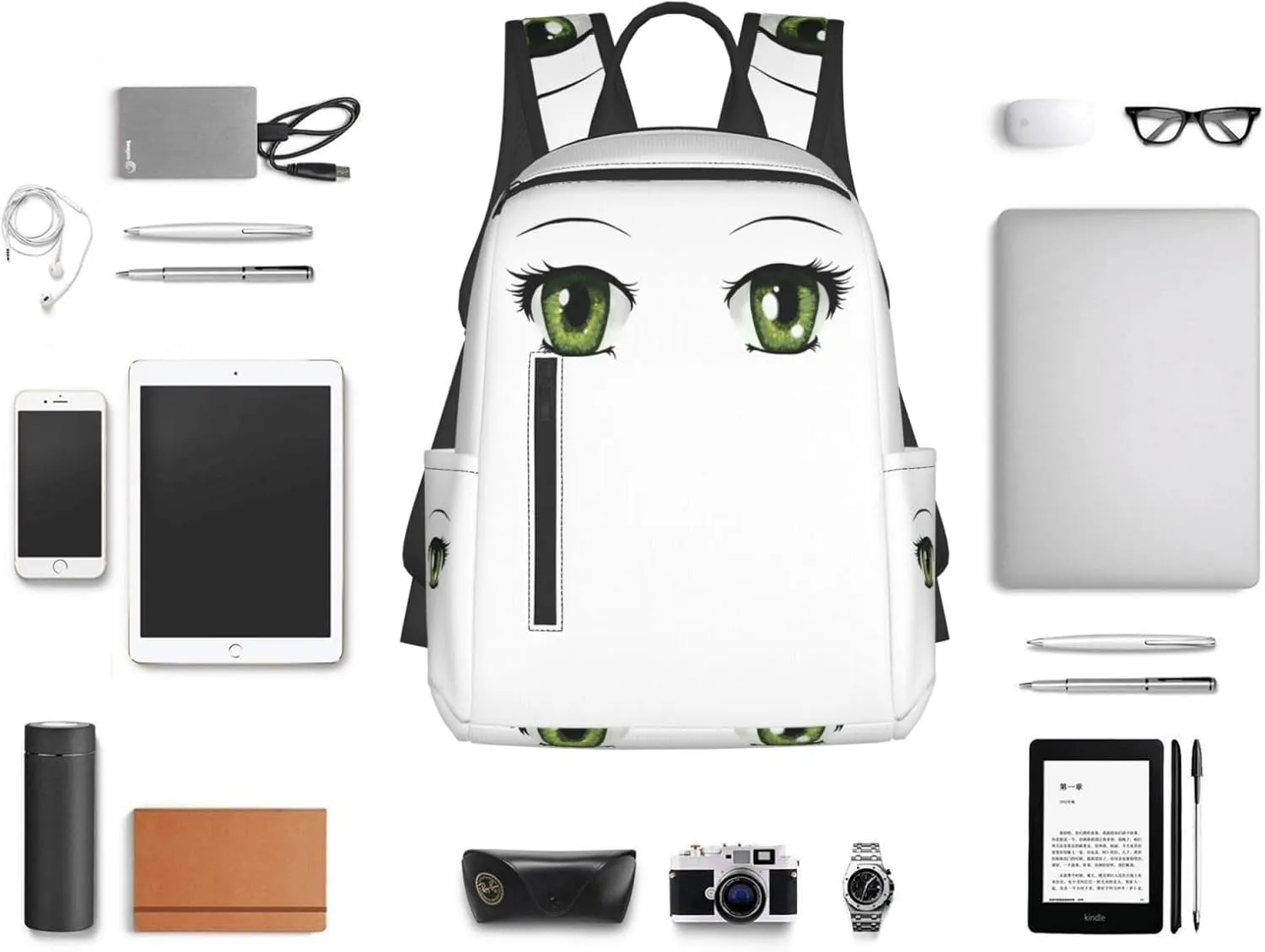 Cartoon Cute Green Eyes Casual Backpacks Large Capacity Laptop Backpack Sports Rucksack Travel Daypack Adjustable Shoulder Strap Work Bag for Outdoor Camping