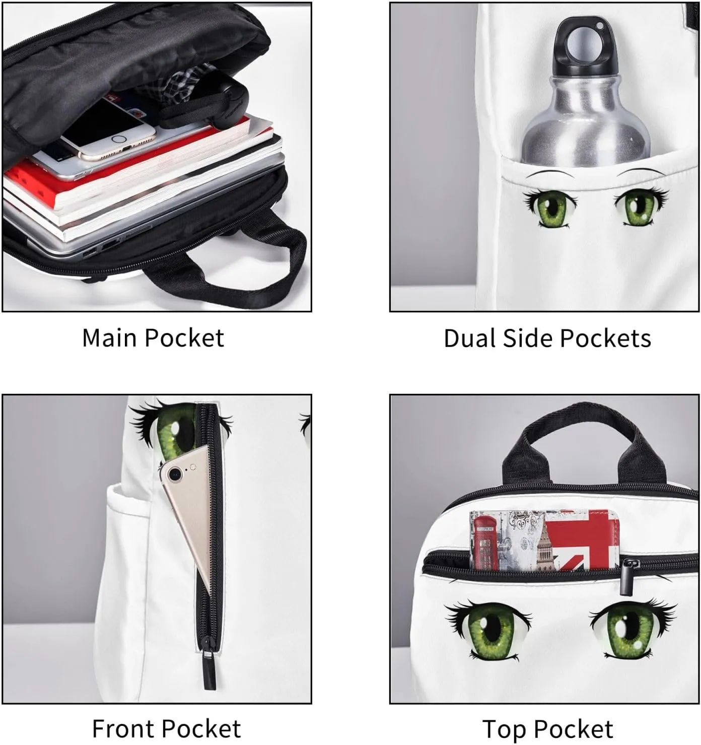 Cartoon Cute Green Eyes Casual Backpacks Large Capacity Laptop Backpack Sports Rucksack Travel Daypack Adjustable Shoulder Strap Work Bag for Outdoor Camping