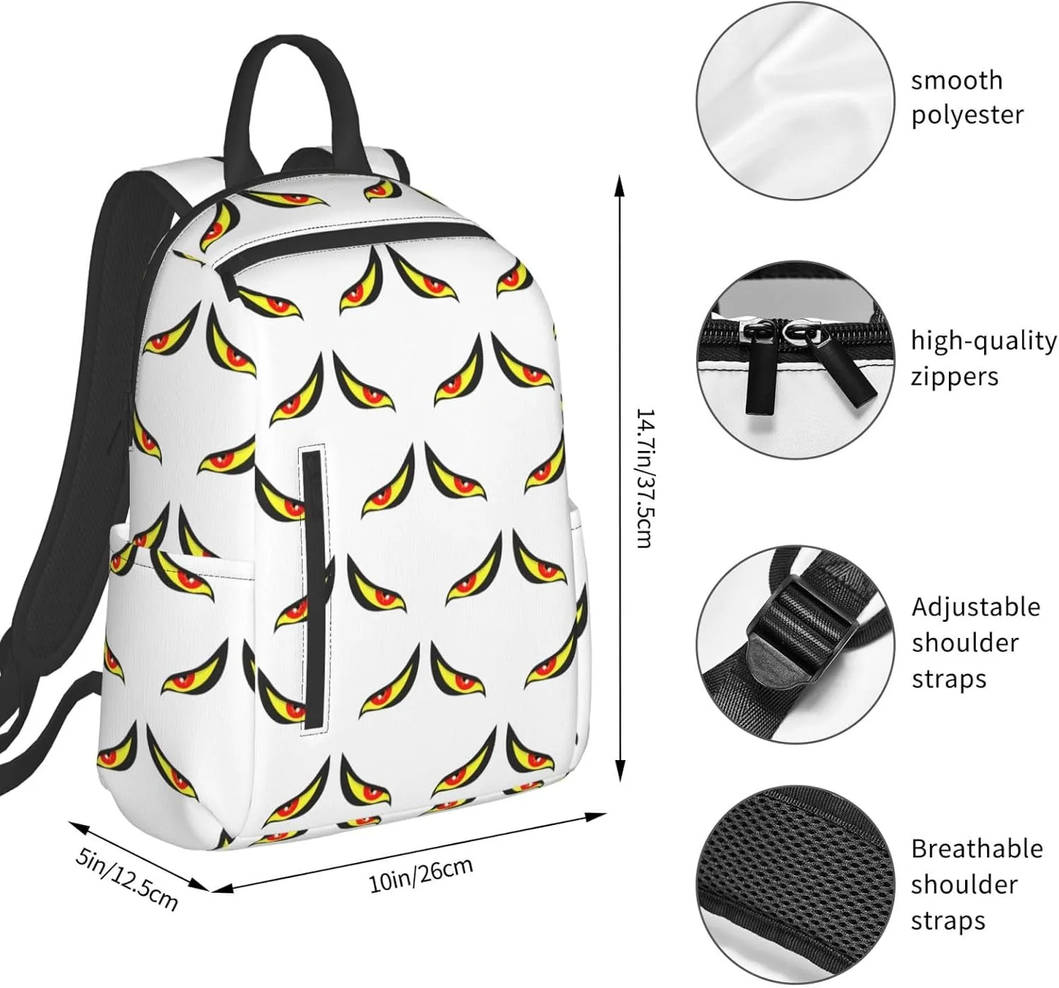 Cartoon Evilly Black Yellow Eyes Casual Backpacks Large Capacity Laptop Backpack Sports Fitness Rucksack Travel Carry-On Daypack Adjustable Shoulder Strap Work Bag for Outdoor Camping
