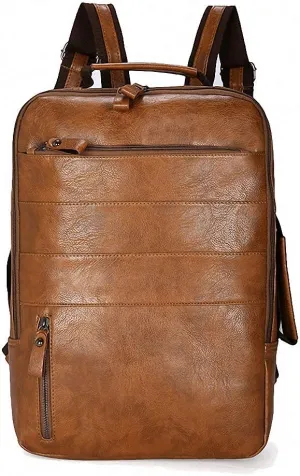 Casual Bag Men Women Backpack Travel Quality PU Leather Laptop Computer Light Brown