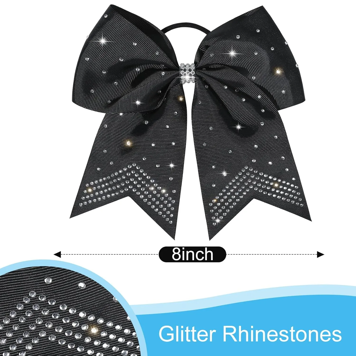 CEELGON 12 PCS Large Rhinestones Cheer Bows, 7" Glitter Cheer Bows Ponytail Holder for Cheerleaders Girls Softball Sports Competition, Black with Full Rhinestone