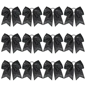 CEELGON 12 PCS Large Rhinestones Cheer Bows, 7" Glitter Cheer Bows Ponytail Holder for Cheerleaders Girls Softball Sports Competition, Black with Full Rhinestone