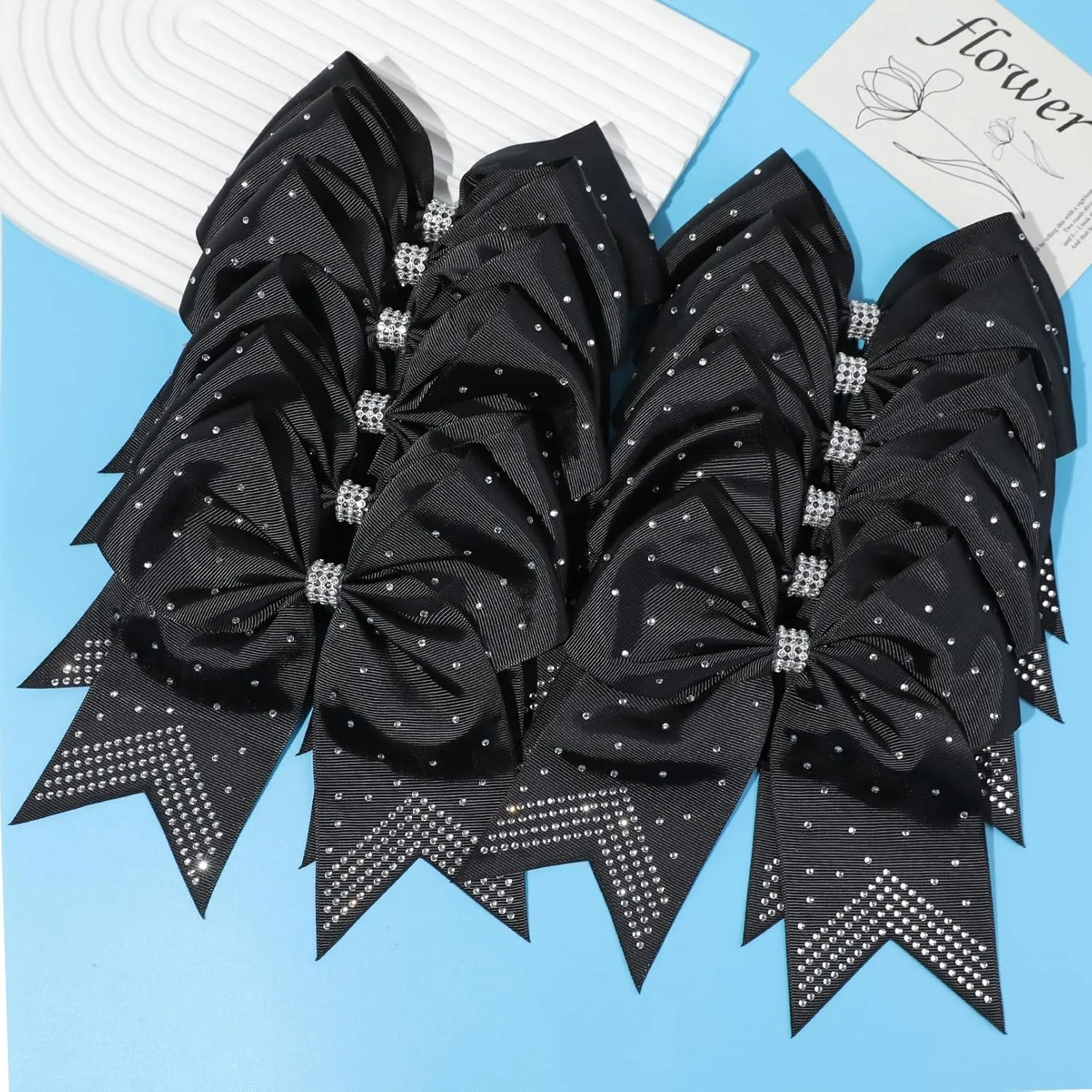 CEELGON 12 PCS Large Rhinestones Cheer Bows, 7" Glitter Cheer Bows Ponytail Holder for Cheerleaders Girls Softball Sports Competition, Black with Full Rhinestone
