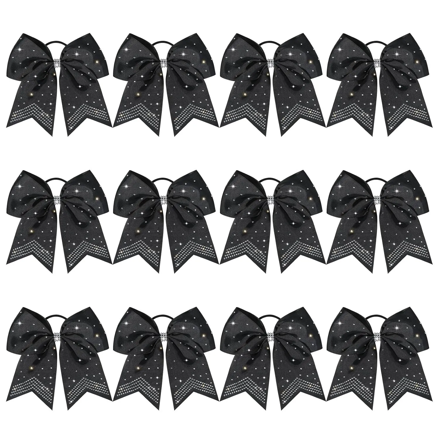 CEELGON 12 PCS Large Rhinestones Cheer Bows, 7" Glitter Cheer Bows Ponytail Holder for Cheerleaders Girls Softball Sports Competition, Black with Full Rhinestone