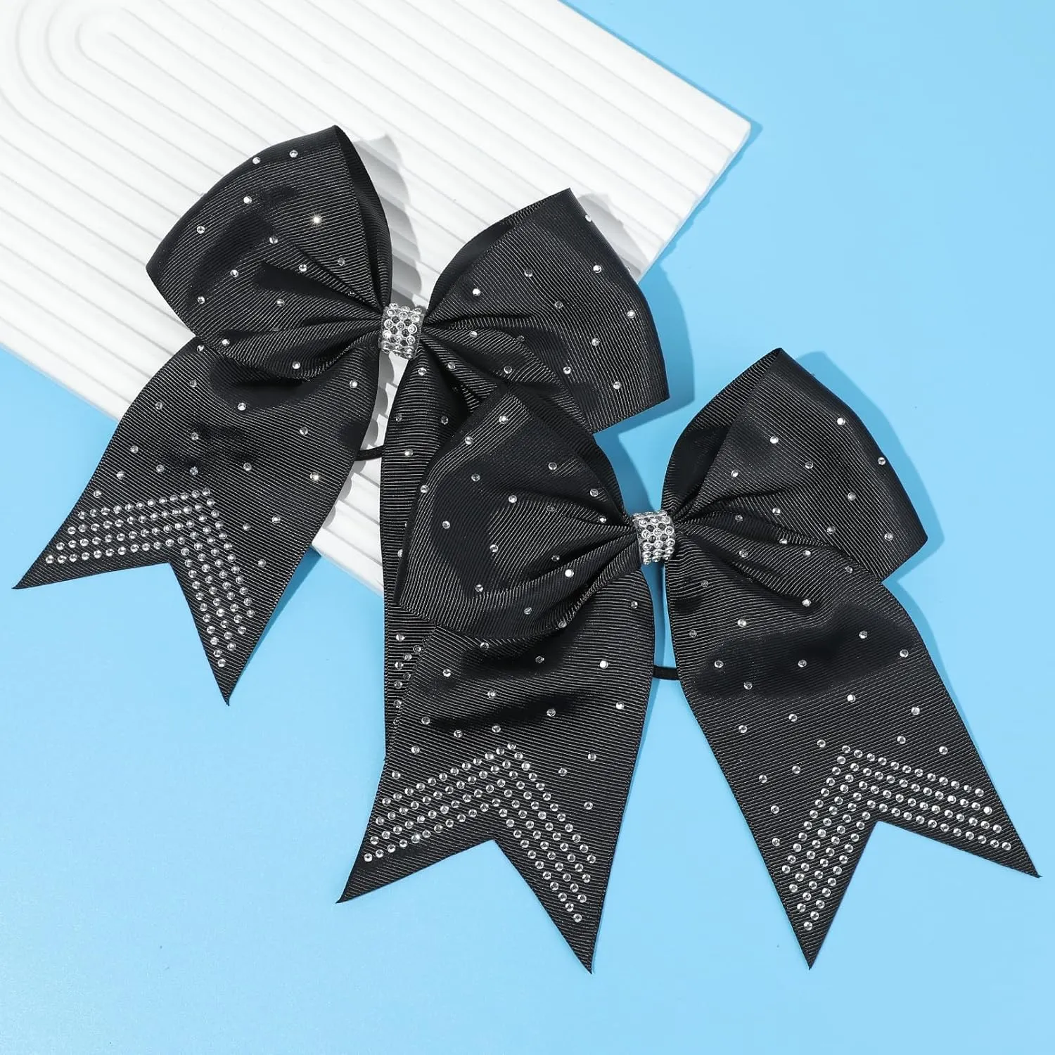 CEELGON 12 PCS Large Rhinestones Cheer Bows, 7" Glitter Cheer Bows Ponytail Holder for Cheerleaders Girls Softball Sports Competition, Black with Full Rhinestone