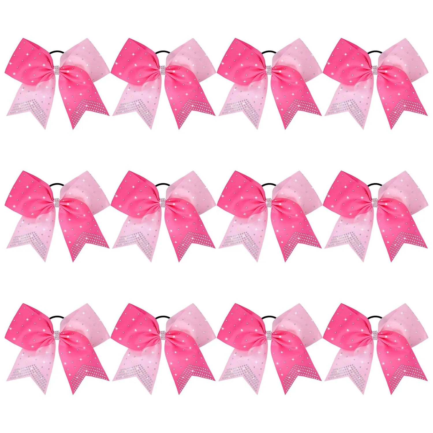 CEELGON Large Rhinestones Cheer Bows, 12 PCS Glitter 7" Cheer Bows Ponytail Holder for Cheerleaders Girls Softball Sports Competition (Light Pink/Hot Pink)