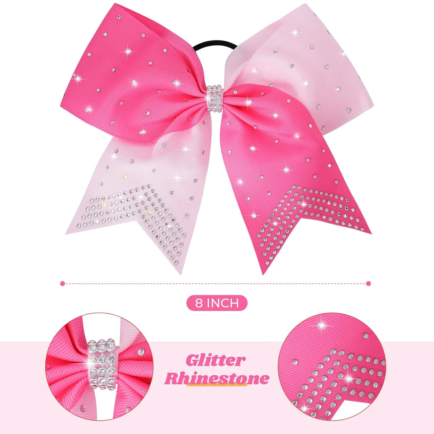 CEELGON Large Rhinestones Cheer Bows, 12 PCS Glitter 7" Cheer Bows Ponytail Holder for Cheerleaders Girls Softball Sports Competition (Light Pink/Hot Pink)