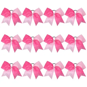 CEELGON Large Rhinestones Cheer Bows, 12 PCS Glitter 7" Cheer Bows Ponytail Holder for Cheerleaders Girls Softball Sports Competition (Light Pink/Hot Pink)