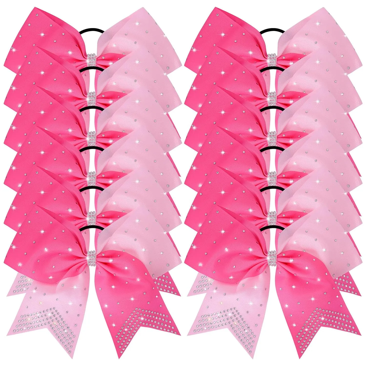 CEELGON Large Rhinestones Cheer Bows, 12 PCS Glitter 7" Cheer Bows Ponytail Holder for Cheerleaders Girls Softball Sports Competition (Light Pink/Hot Pink)