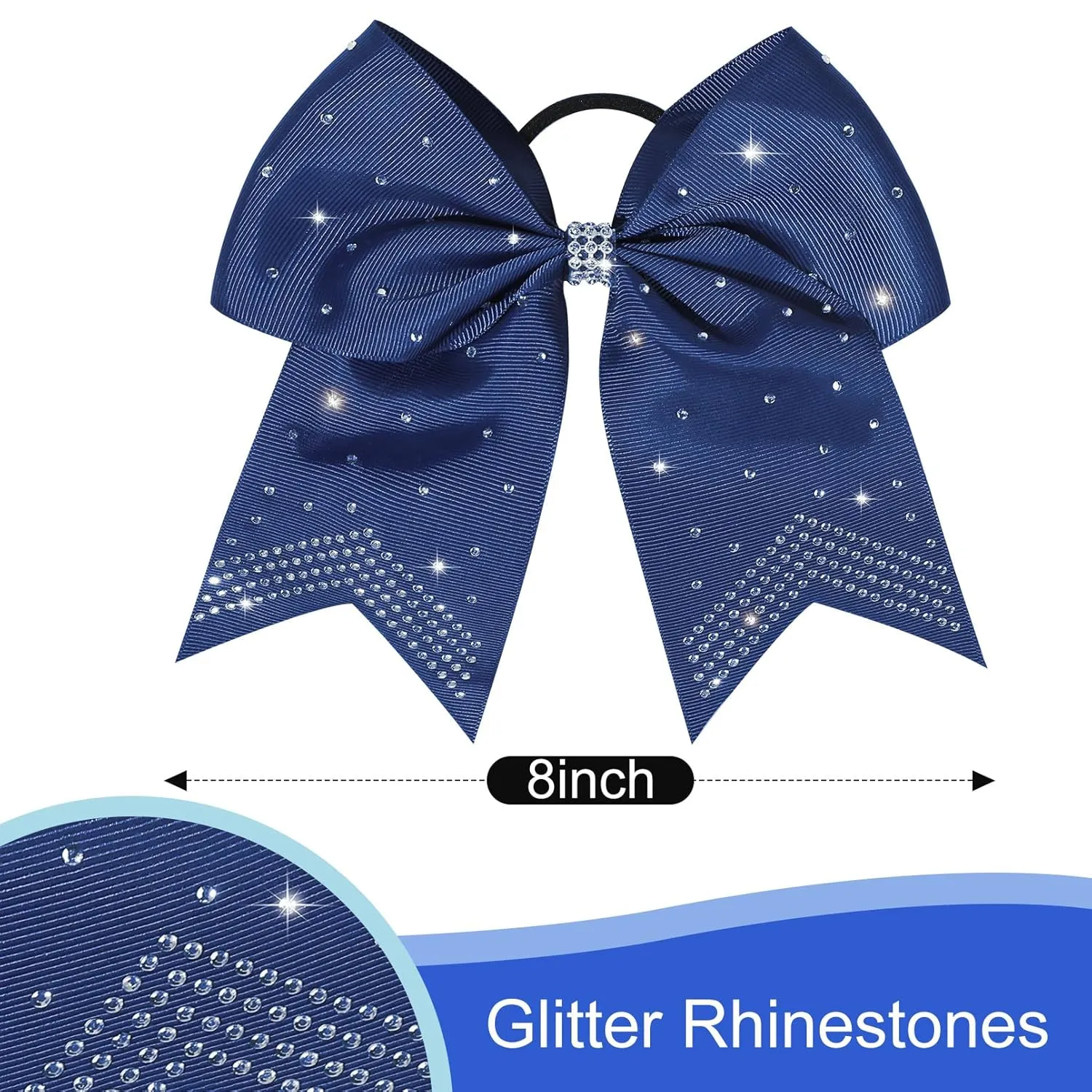 CEELGON Large Rhinestones Cheer Bows, 12 PCS Glitter 7" Cheer Bows Ponytail Holder for Cheerleaders Girls Softball Sports Competition, Navy with Full Rhinestone