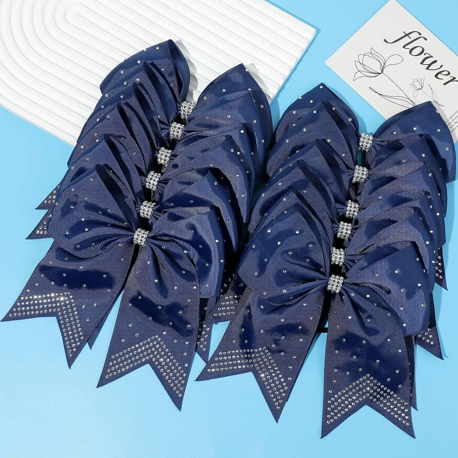 CEELGON Large Rhinestones Cheer Bows, 12 PCS Glitter 7" Cheer Bows Ponytail Holder for Cheerleaders Girls Softball Sports Competition, Navy with Full Rhinestone