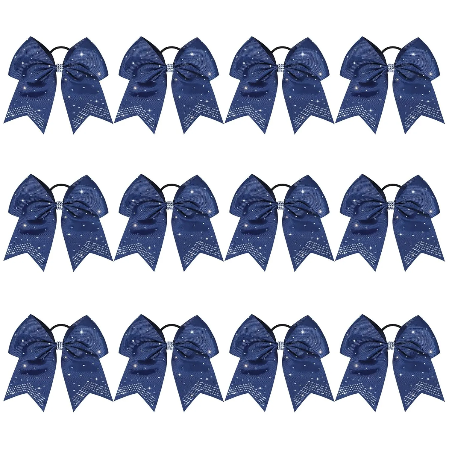 CEELGON Large Rhinestones Cheer Bows, 12 PCS Glitter 7" Cheer Bows Ponytail Holder for Cheerleaders Girls Softball Sports Competition, Navy with Full Rhinestone