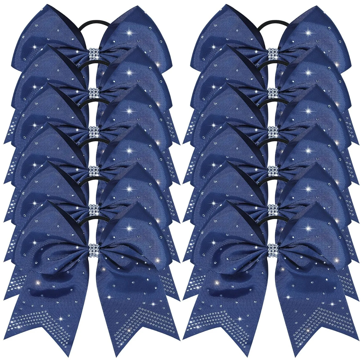 CEELGON Large Rhinestones Cheer Bows, 12 PCS Glitter 7" Cheer Bows Ponytail Holder for Cheerleaders Girls Softball Sports Competition, Navy with Full Rhinestone