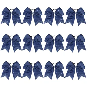 CEELGON Large Rhinestones Cheer Bows, 12 PCS Glitter 7" Cheer Bows Ponytail Holder for Cheerleaders Girls Softball Sports Competition, Navy with Full Rhinestone