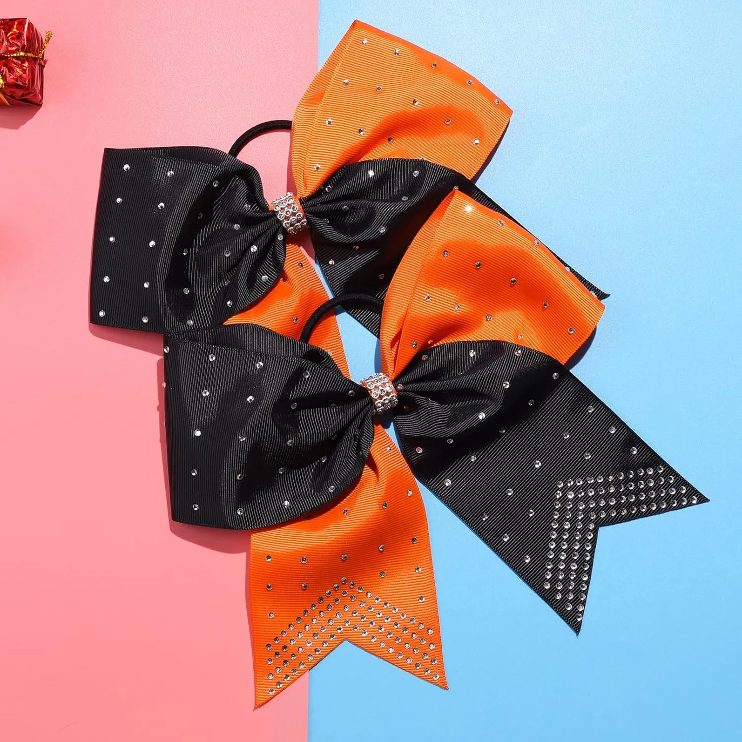 CEELGON Large Rhinestones Cheer Bows, 12 PCS Glitter 7" Cheer Bows Ponytail Holder for Cheerleaders Girls Softball Sports Competition (Orange/Black)