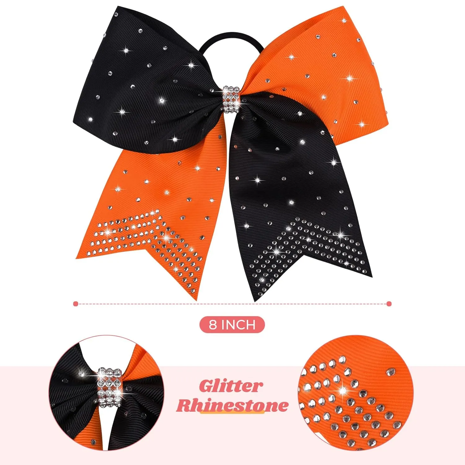 CEELGON Large Rhinestones Cheer Bows, 12 PCS Glitter 7" Cheer Bows Ponytail Holder for Cheerleaders Girls Softball Sports Competition (Orange/Black)