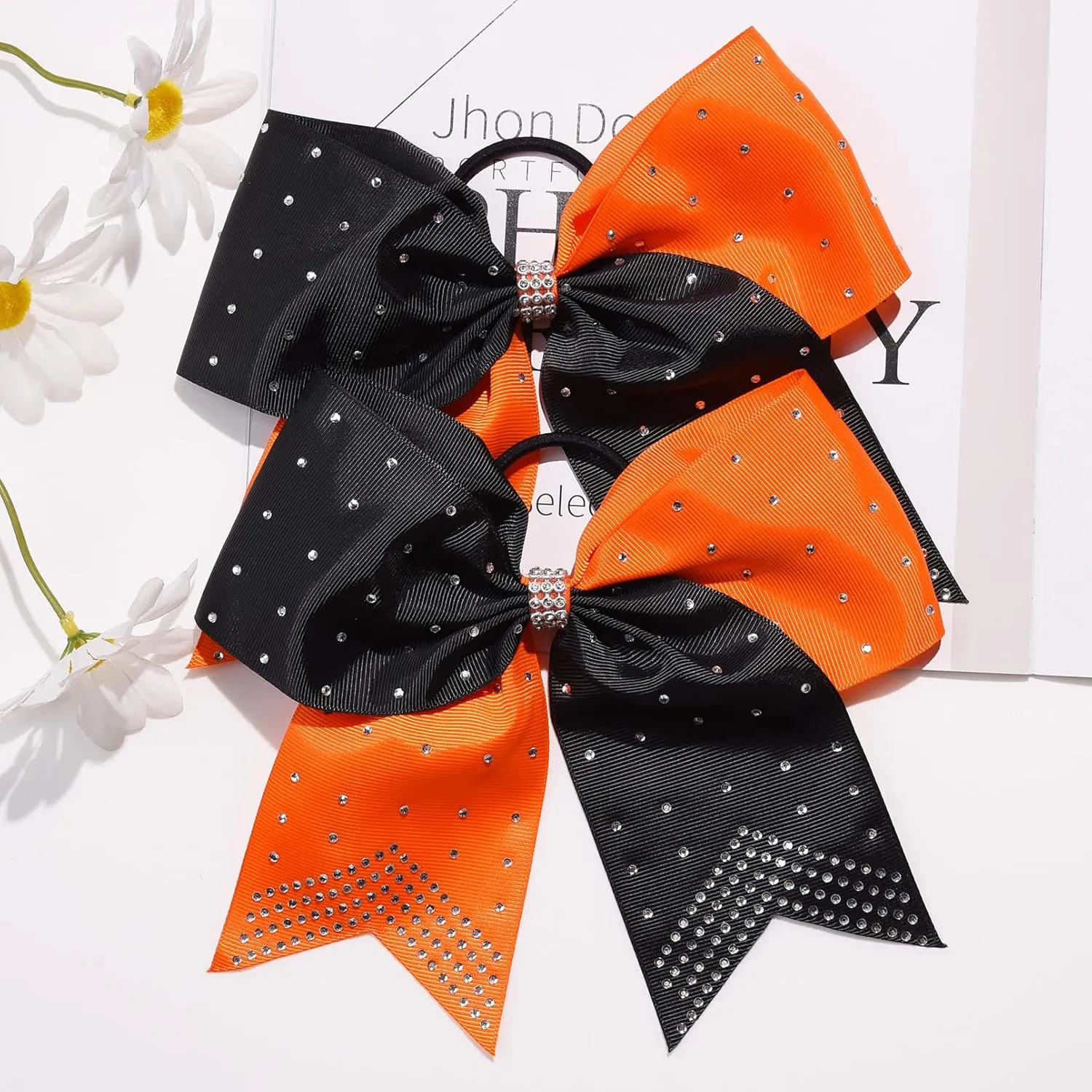 CEELGON Large Rhinestones Cheer Bows, 12 PCS Glitter 7" Cheer Bows Ponytail Holder for Cheerleaders Girls Softball Sports Competition (Orange/Black)