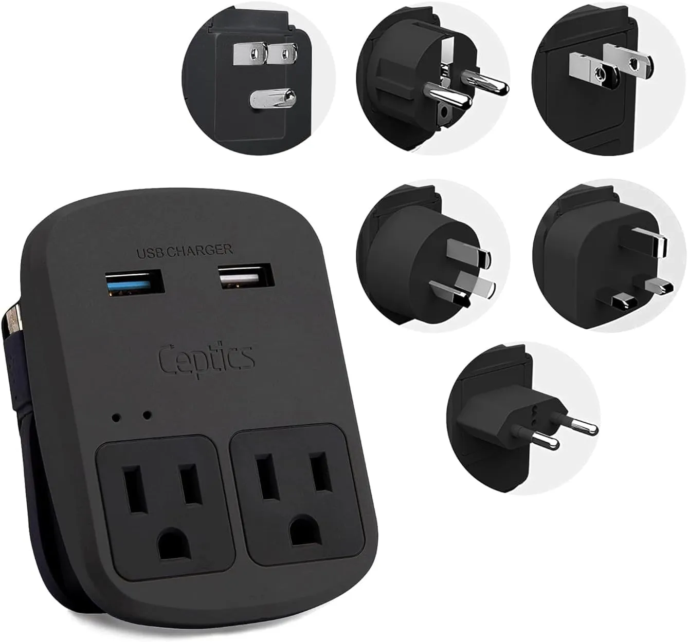 Ceptics World Travel Adapter Kit - QC 3.0 Dual USB   Dual US Outlets, Surge Protection, Perfect For Europe, UK, China, Australia, Japan, Perfect For Laptop, Cell Phones, Cameras - Safe ETL - Black