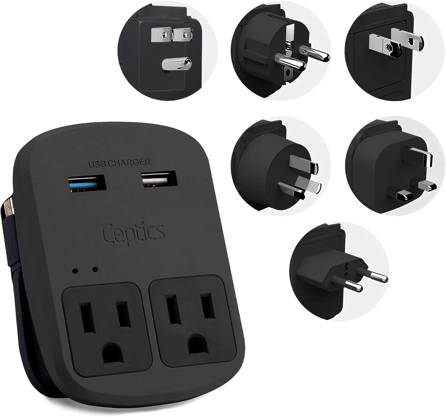Ceptics World Travel Adapter Kit - QC 3.0 Dual USB   Dual US Outlets, Surge Protection, Perfect For Europe, UK, China, Australia, Japan, Perfect For Laptop, Cell Phones, Cameras - Safe ETL - Black