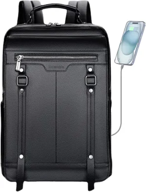 CHAO RAN Laptop Backpack for Men Leather Travel Backpack Carry on Flight Approved-Waterproof Medium Backpack Fit 15.6 Inch Notebook for College Business Office Bag with USB Charging Port