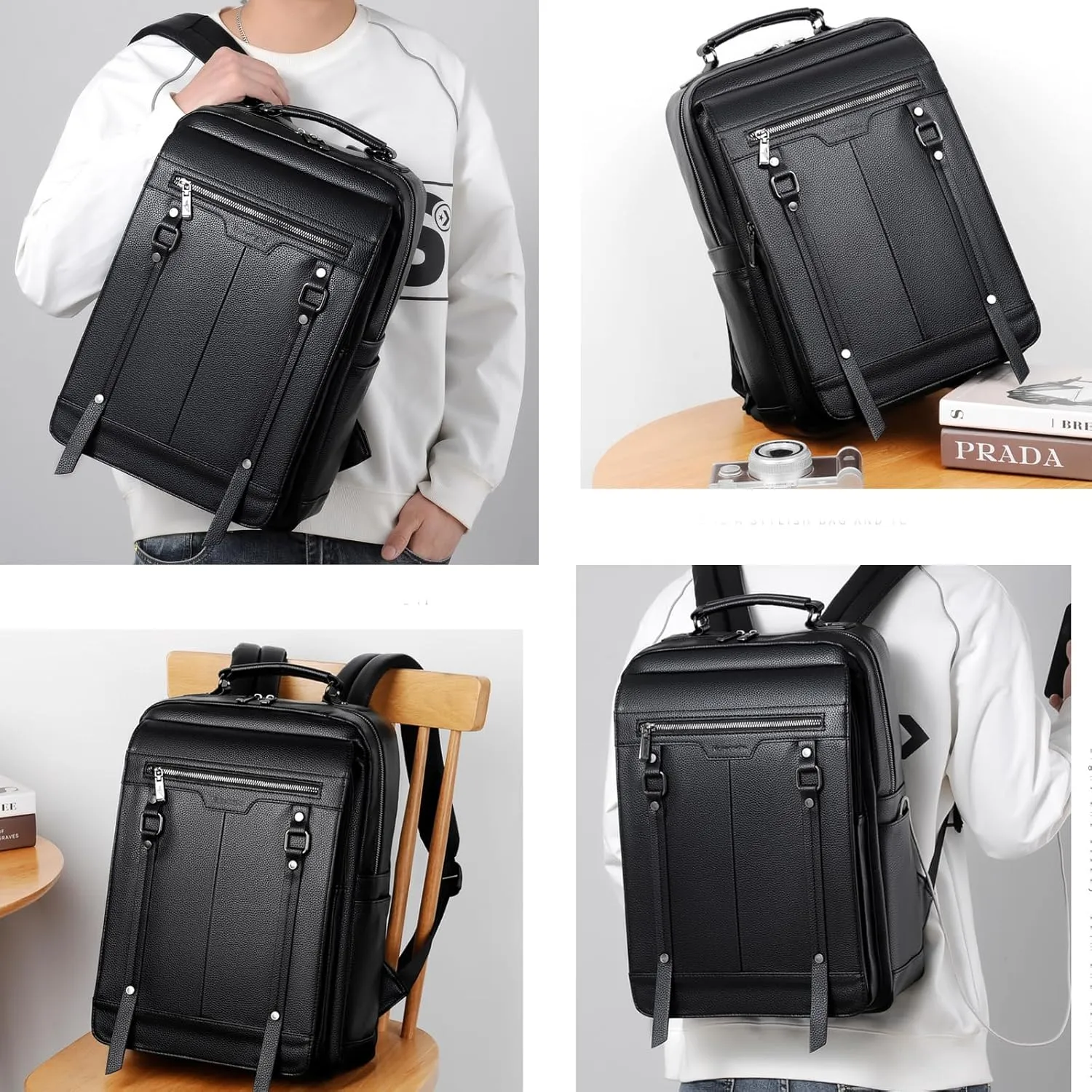 CHAO RAN Laptop Backpack for Men Leather Travel Backpack Carry on Flight Approved-Waterproof Medium Backpack Fit 15.6 Inch Notebook for College Business Office Bag with USB Charging Port