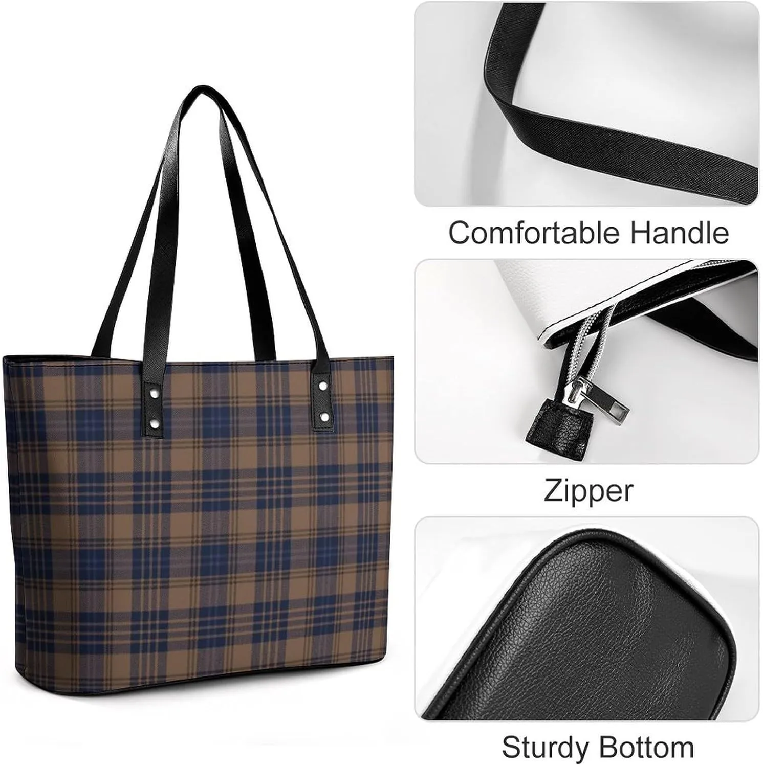 Checkered Black And White Large Capacity Portable Leather Handbag