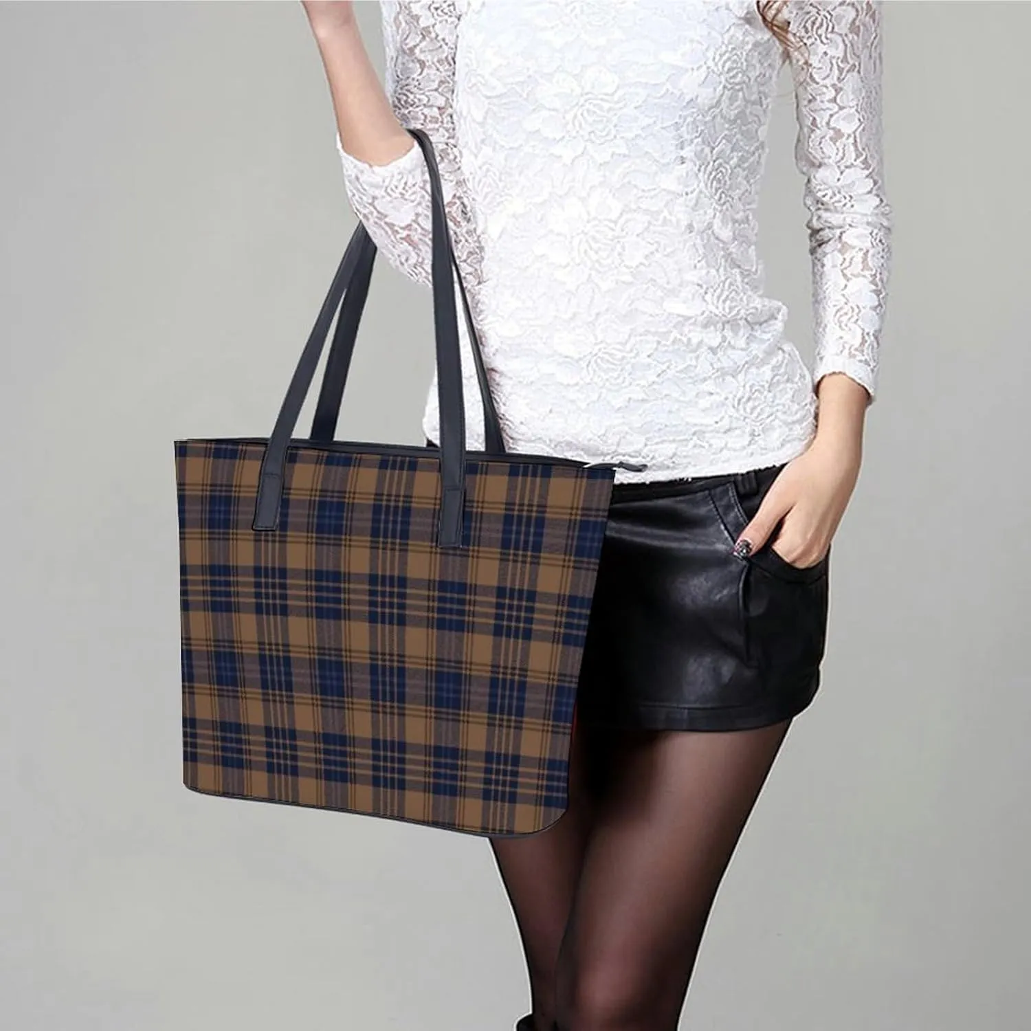 Checkered Black And White Large Capacity Portable Leather Handbag