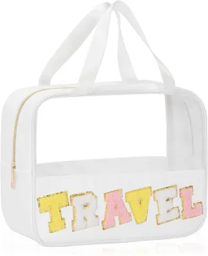 Chenille Letter Snacks Bag Zipper Pouch TPU&Nylon Clear Cosmetic Bag with Handle Toiletry Bags Travel Makeup Bag Multi-purpose Clear Pouches For Women (TRAVEL, White)