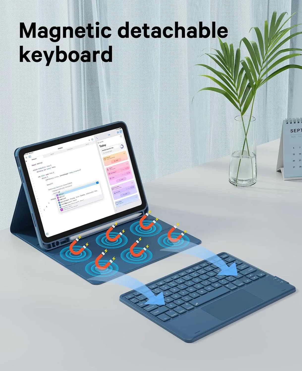 CHESONA for iPad 10th Generation Case with Keyboard, 7 Color Backlight, Multi-Touch Trackpad, Flip Stand Case with Pencil Holder, 2 Wireless Channels for iPad (A16) 11th/10th Gen 2025/2022, Steel Blue