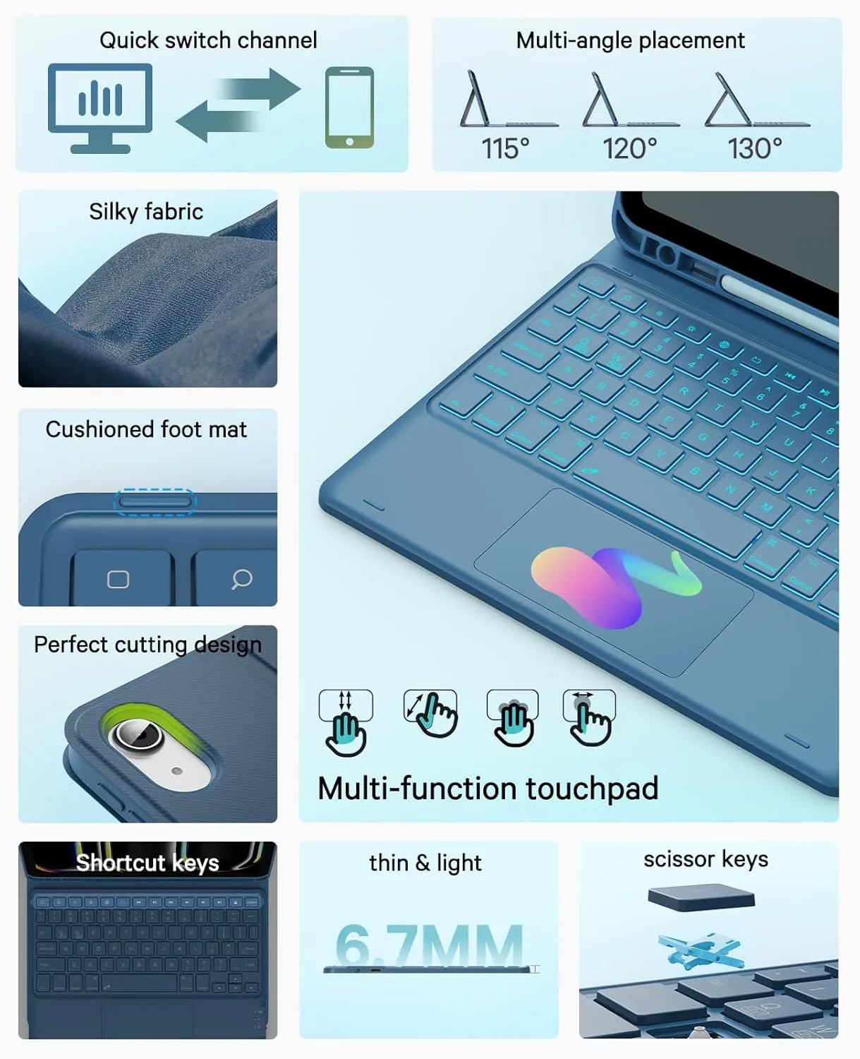 CHESONA for iPad 10th Generation Case with Keyboard, 7 Color Backlight, Multi-Touch Trackpad, Flip Stand Case with Pencil Holder, 2 Wireless Channels for iPad (A16) 11th/10th Gen 2025/2022, Steel Blue