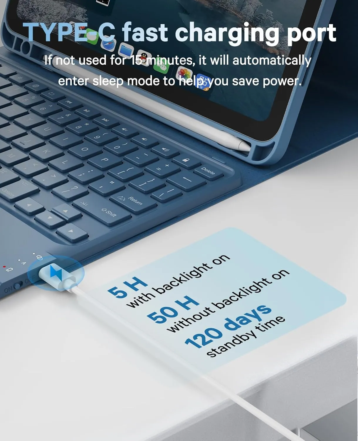 CHESONA for iPad 10th Generation Case with Keyboard, 7 Color Backlight, Multi-Touch Trackpad, Flip Stand Case with Pencil Holder, 2 Wireless Channels for iPad (A16) 11th/10th Gen 2025/2022, Steel Blue