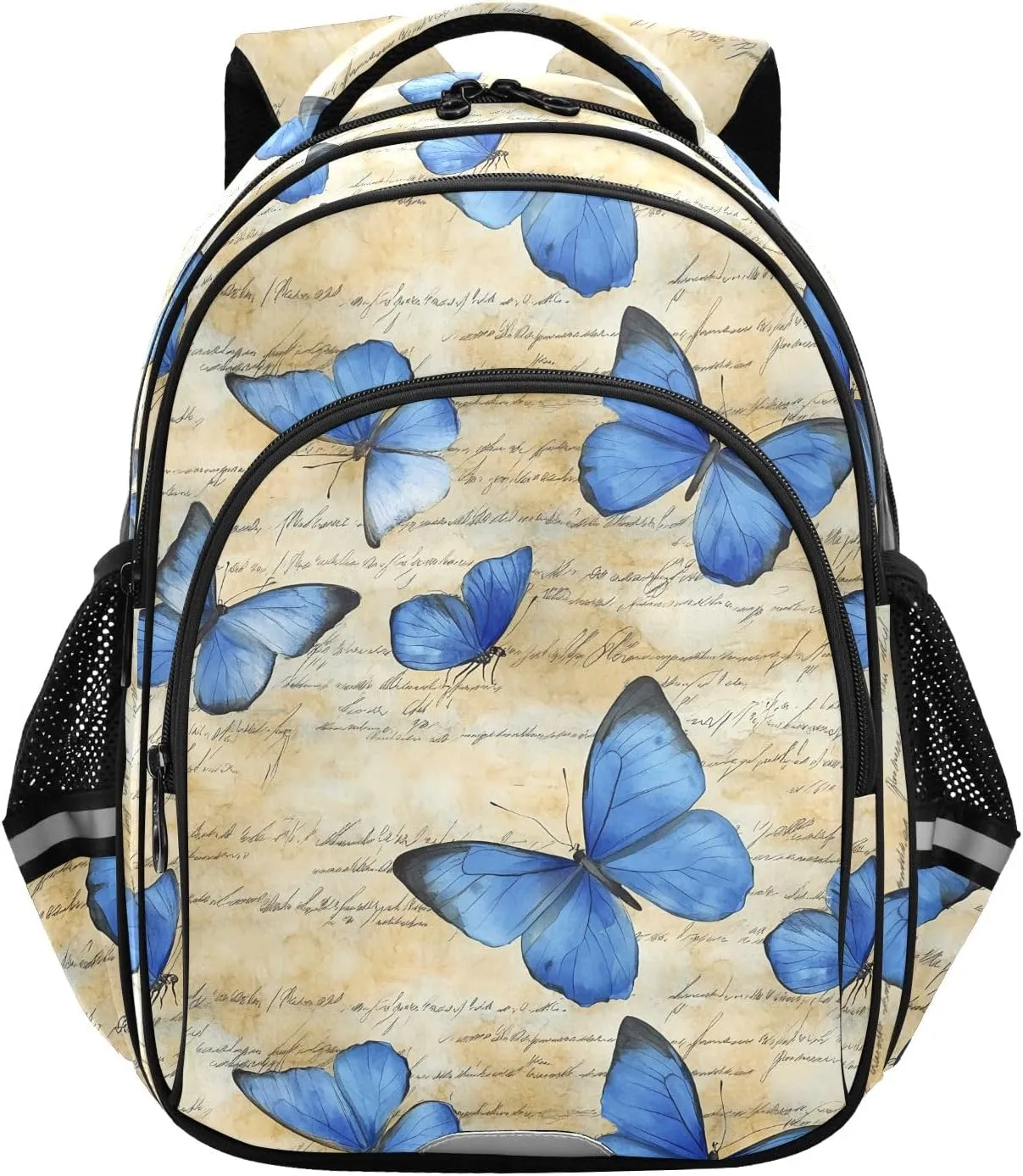 CHIFIGNO Kids School Backpack, Vintage Blue Butterflies Travel Laptop Bookbag Casual Daypack Backpacks with Reflective Stripes