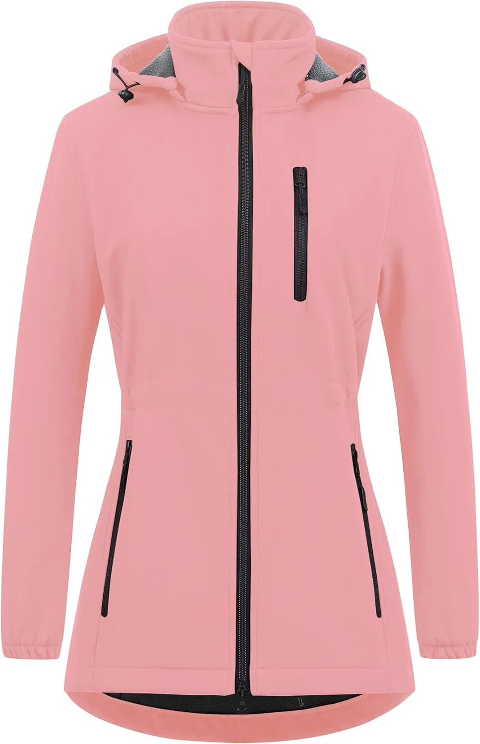 Chrisuno Women's Lightweight Long Softshell Fleece Lined Jacket Anorak Raincoat With Removable Hood
