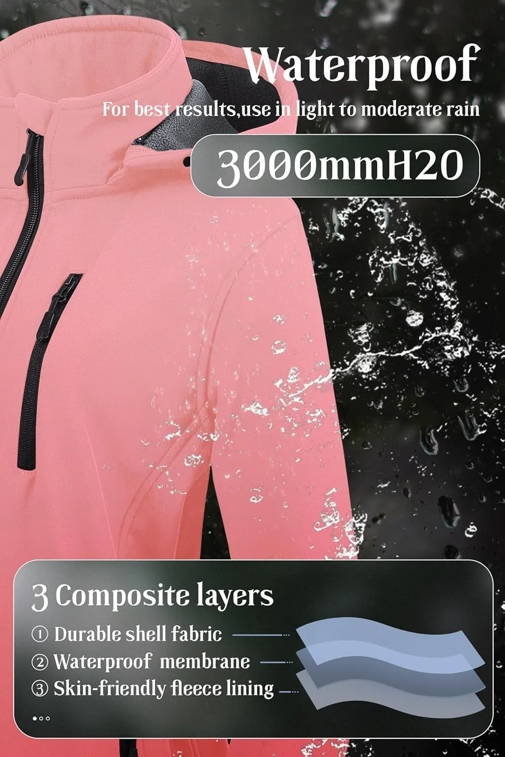 Chrisuno Women's Lightweight Long Softshell Fleece Lined Jacket Anorak Raincoat With Removable Hood