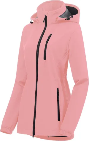 Chrisuno Women's Lightweight Long Softshell Fleece Lined Jacket Anorak Raincoat With Removable Hood