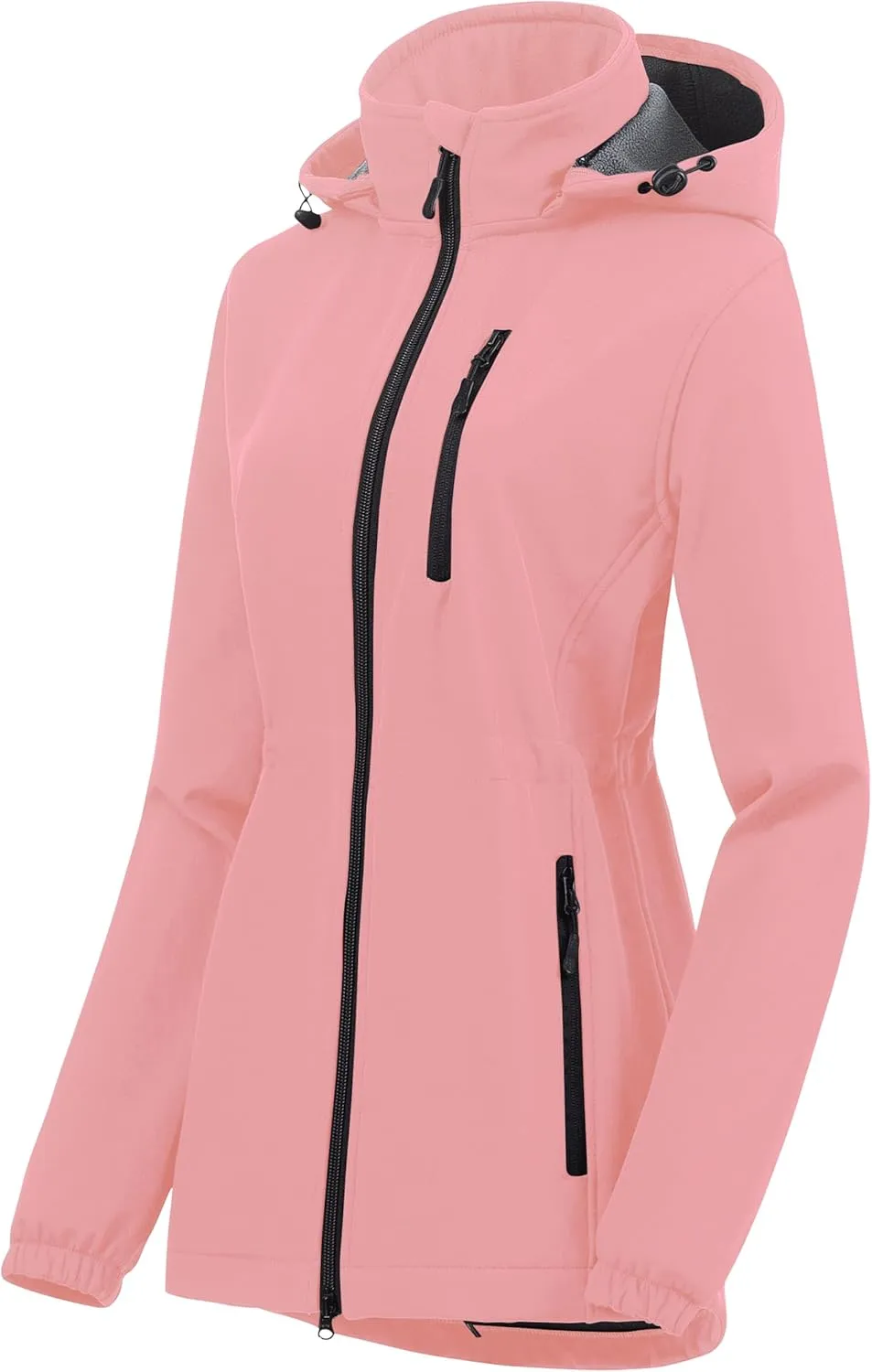 Chrisuno Women's Lightweight Long Softshell Fleece Lined Jacket Anorak Raincoat With Removable Hood