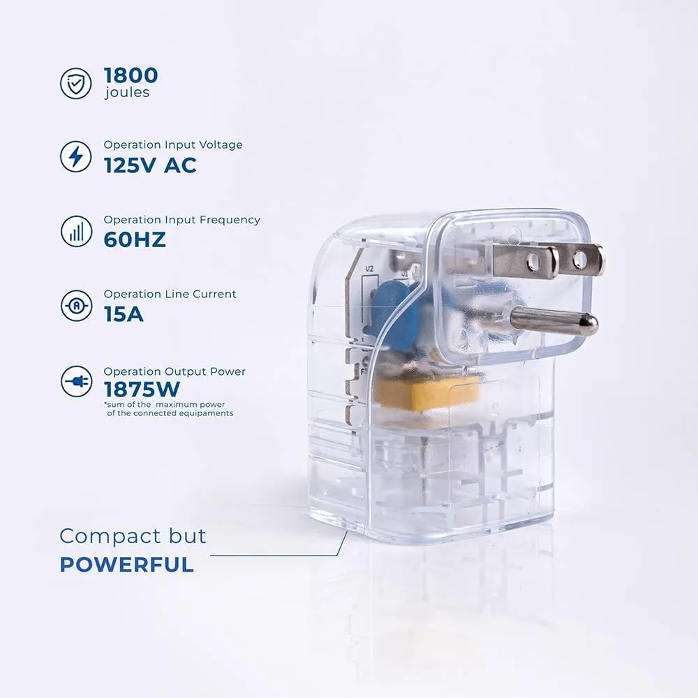 Clamper Single Surge Protector Outlet 1800 Joules, 1875W, for TV, PC, Xbox, PS5, Refrigerators and Other Appliances (Compact Wall Surge Protector), iCLAMPER Pocket Fit, 2-Pack in Clear