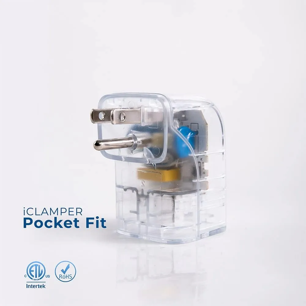 Clamper Single Surge Protector Outlet 1800 Joules, 1875W, for TV, PC, Xbox, PS5, Refrigerators and Other Appliances (Compact Wall Surge Protector), iCLAMPER Pocket Fit, 2-Pack in Clear