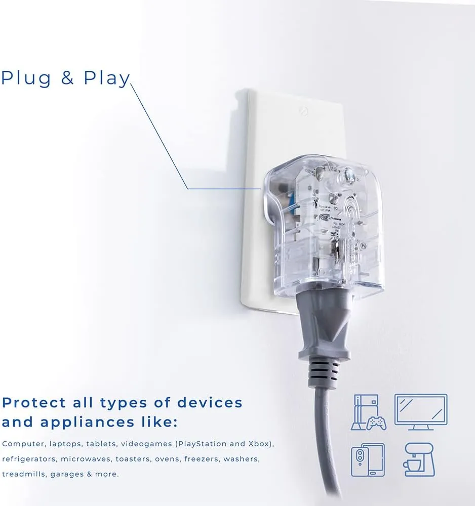 Clamper Single Surge Protector Outlet 1800 Joules, 1875W, for TV, PC, Xbox, PS5, Refrigerators and Other Appliances (Compact Wall Surge Protector), iCLAMPER Pocket Fit, 2-Pack in Clear