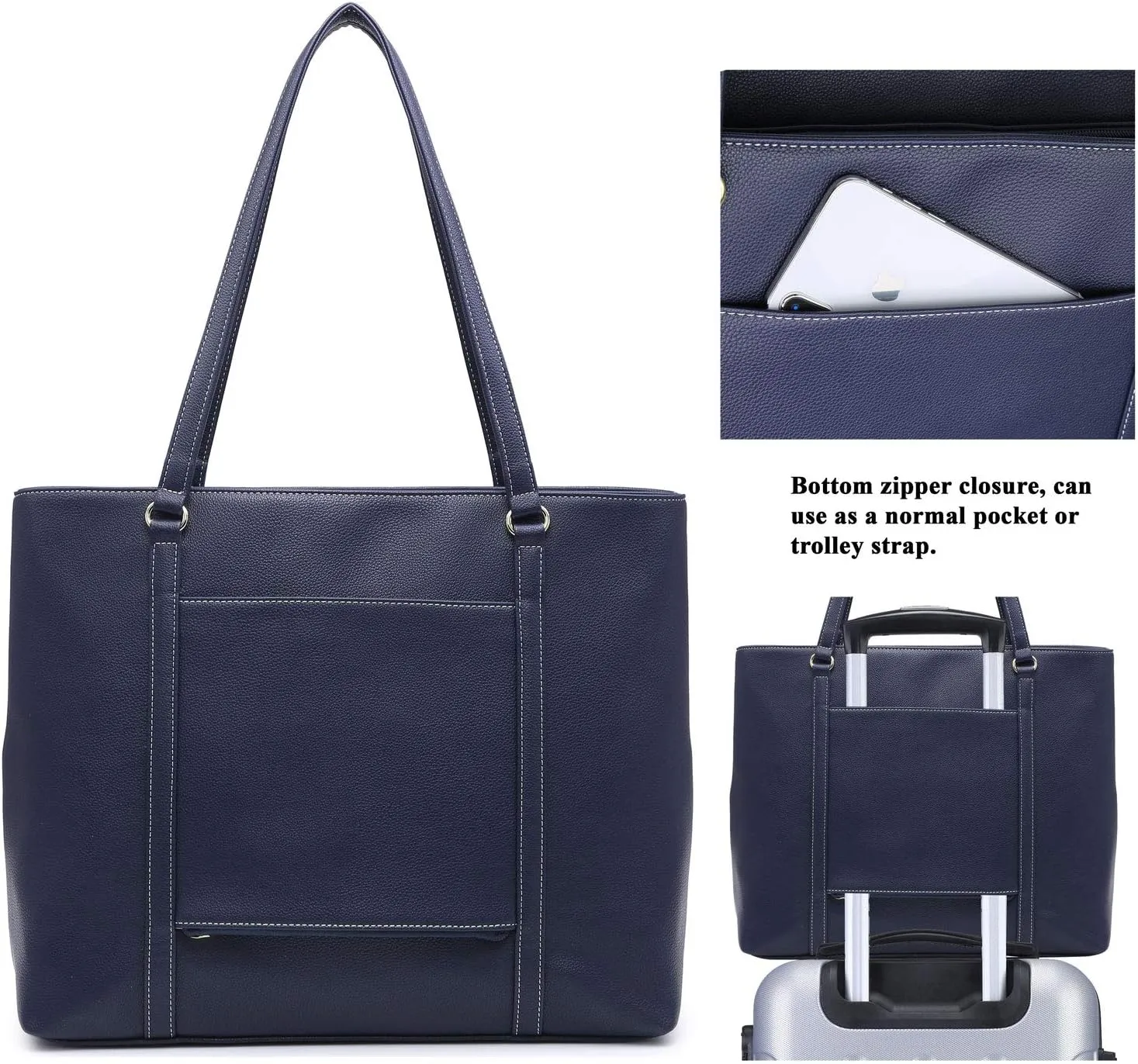 Classic Laptop Leather Tote Bag for 15 15.6 inch Notebook Computers Travel Carrying Bag with Smart Trolley Strap Design - Navy