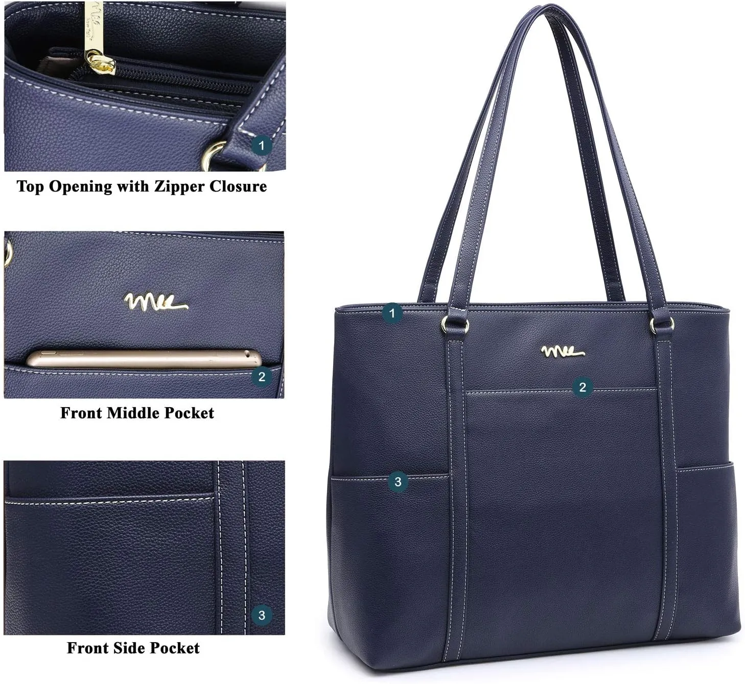 Classic Laptop Leather Tote Bag for 15 15.6 inch Notebook Computers Travel Carrying Bag with Smart Trolley Strap Design - Navy