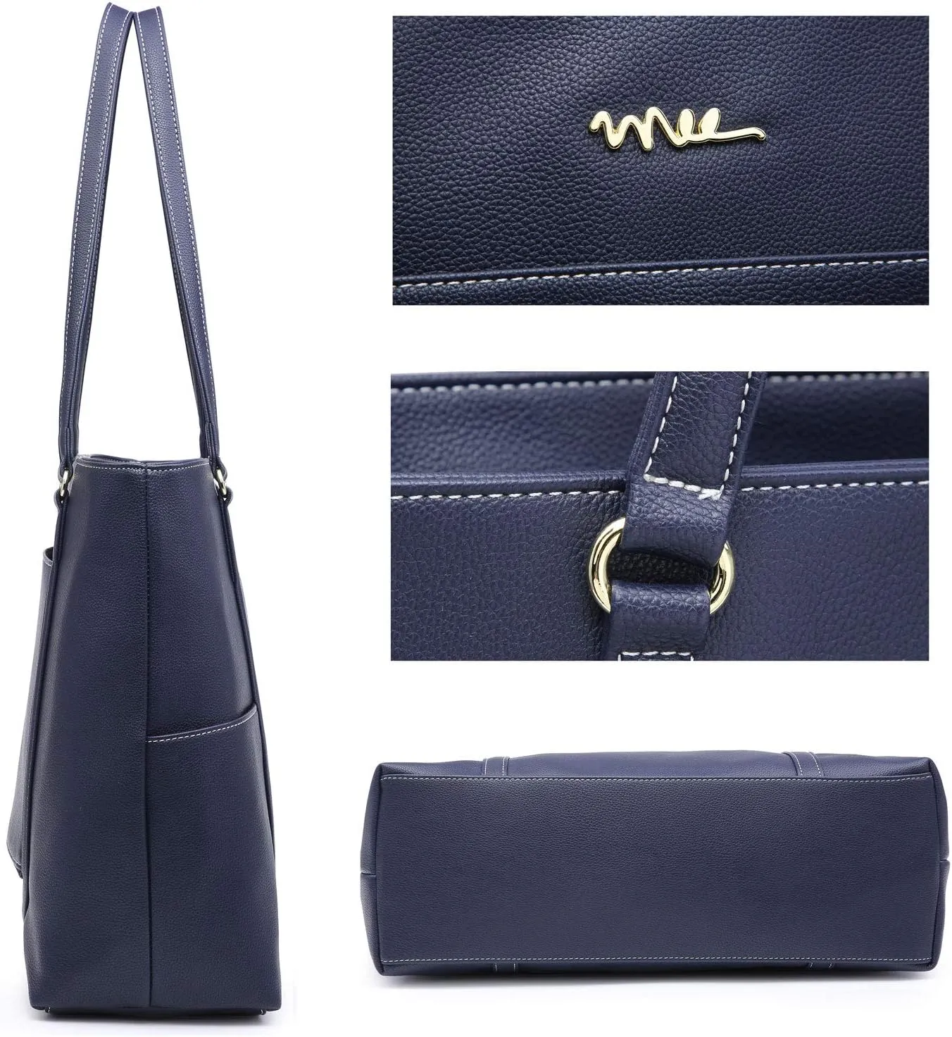 Classic Laptop Leather Tote Bag for 15 15.6 inch Notebook Computers Travel Carrying Bag with Smart Trolley Strap Design - Navy