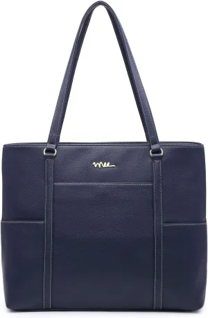 Classic Laptop Leather Tote Bag for 15 15.6 inch Notebook Computers Travel Carrying Bag with Smart Trolley Strap Design - Navy